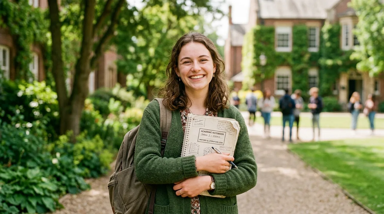 Secondary scholarship student holding notebooks outside classroom