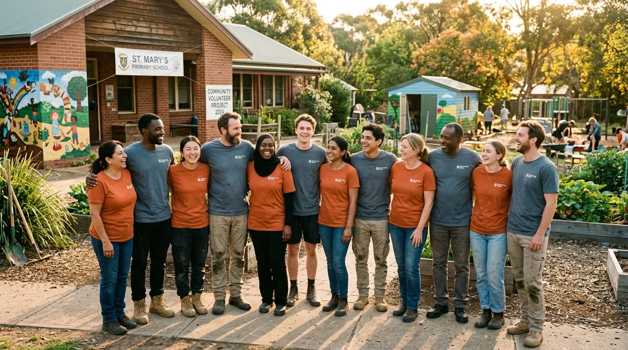 Diverse group of Ex-Mays Global Charity volunteers smiling outdoors after completing school field project